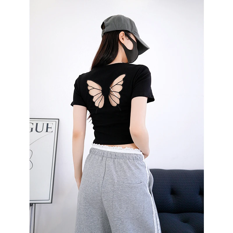 纯色短袖T恤女2025夏季新款辣妹运动修身显瘦后背镂空上衣