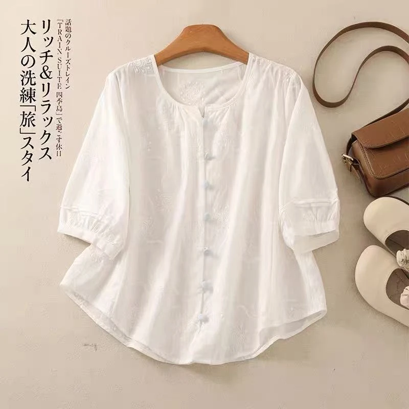 薄款百搭短袖夏季棉料刺绣白色宽松衬衫衬衣纯色休闲复古