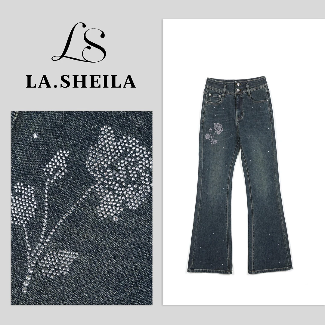 LA.Sheila“秋冬玫瑰” 水钻玫瑰花高腰微喇牛仔裤253-KZ/0821-8012