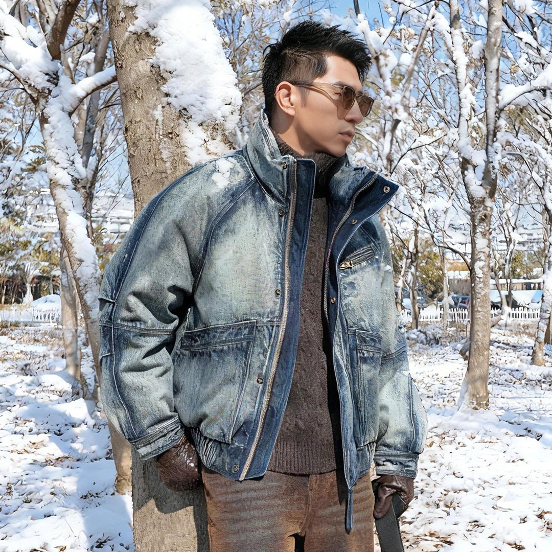 言吉潮牌水洗牛仔保暖面包服外套新款男士时尚立领羽绒服YJ99802