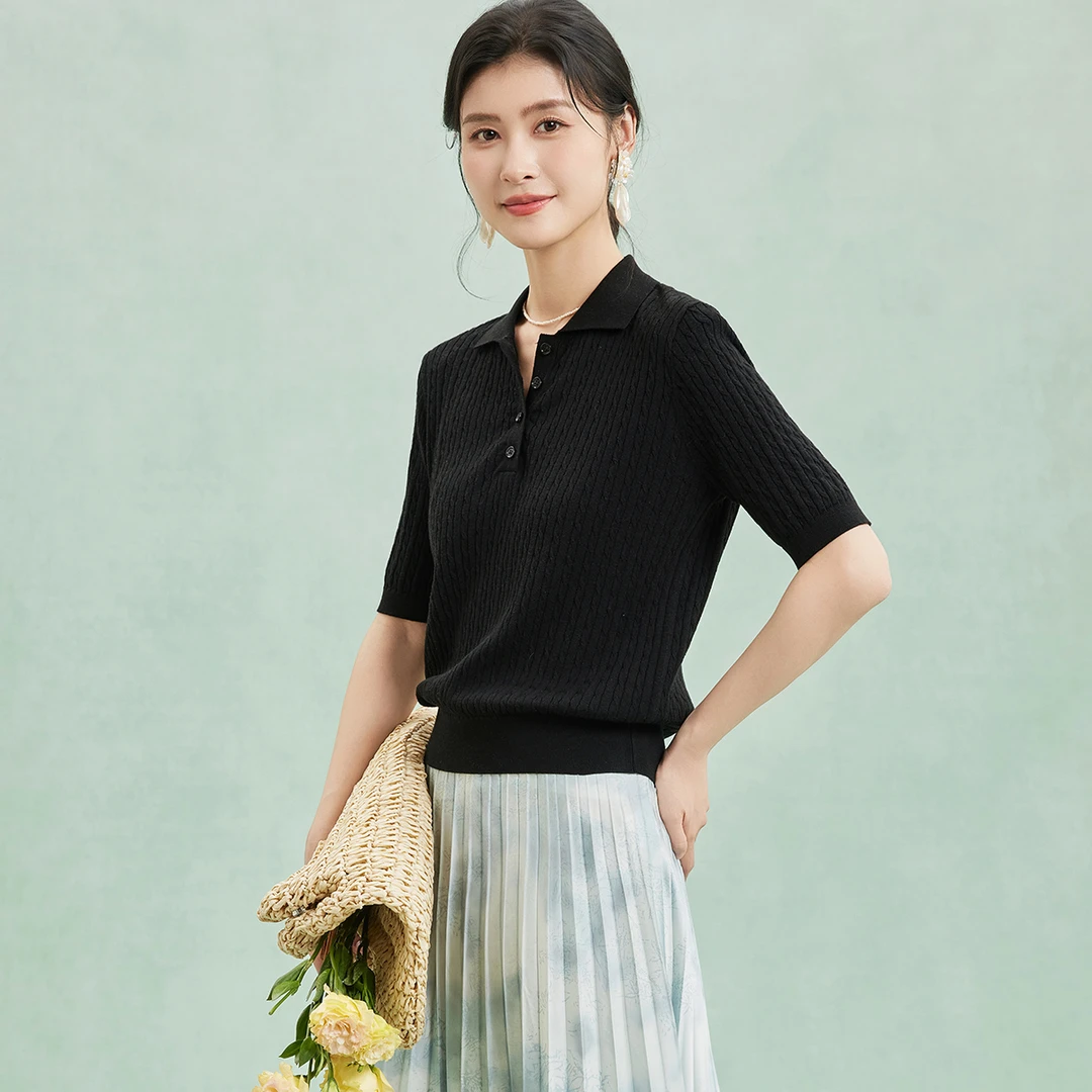 金菊 【含桑蚕丝绞花】纯色POLO领早秋新款套头运动风女式针织衫