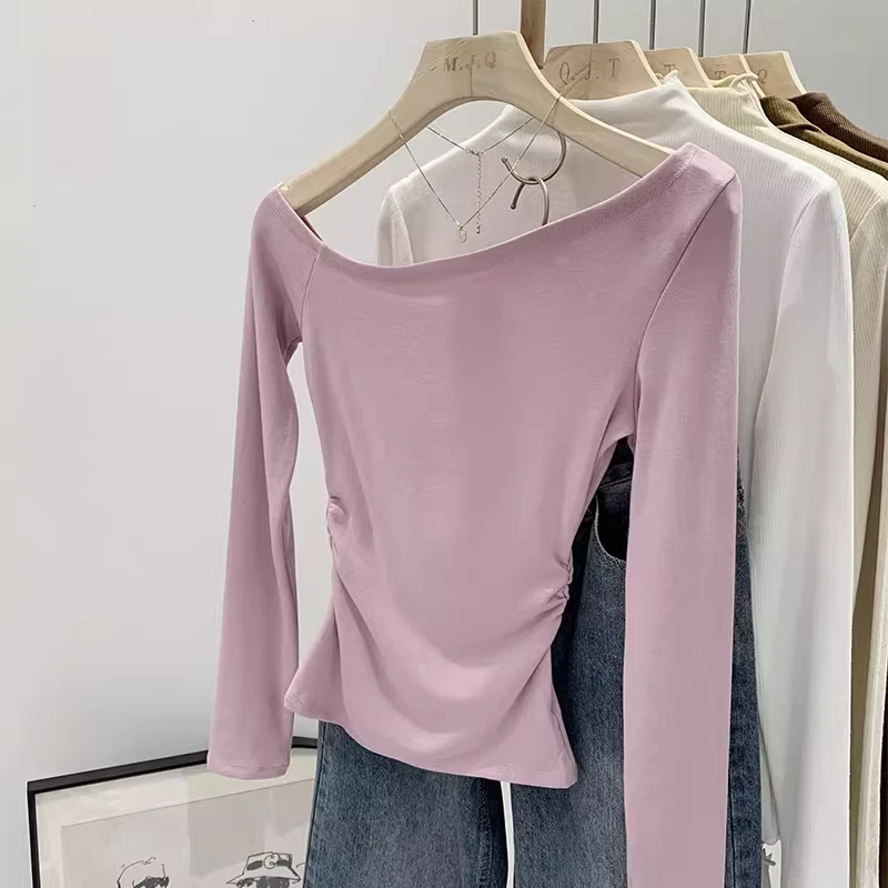 粉色斜肩长袖修身T恤女2025秋季新款百搭打底衫设计感洋气上衣潮