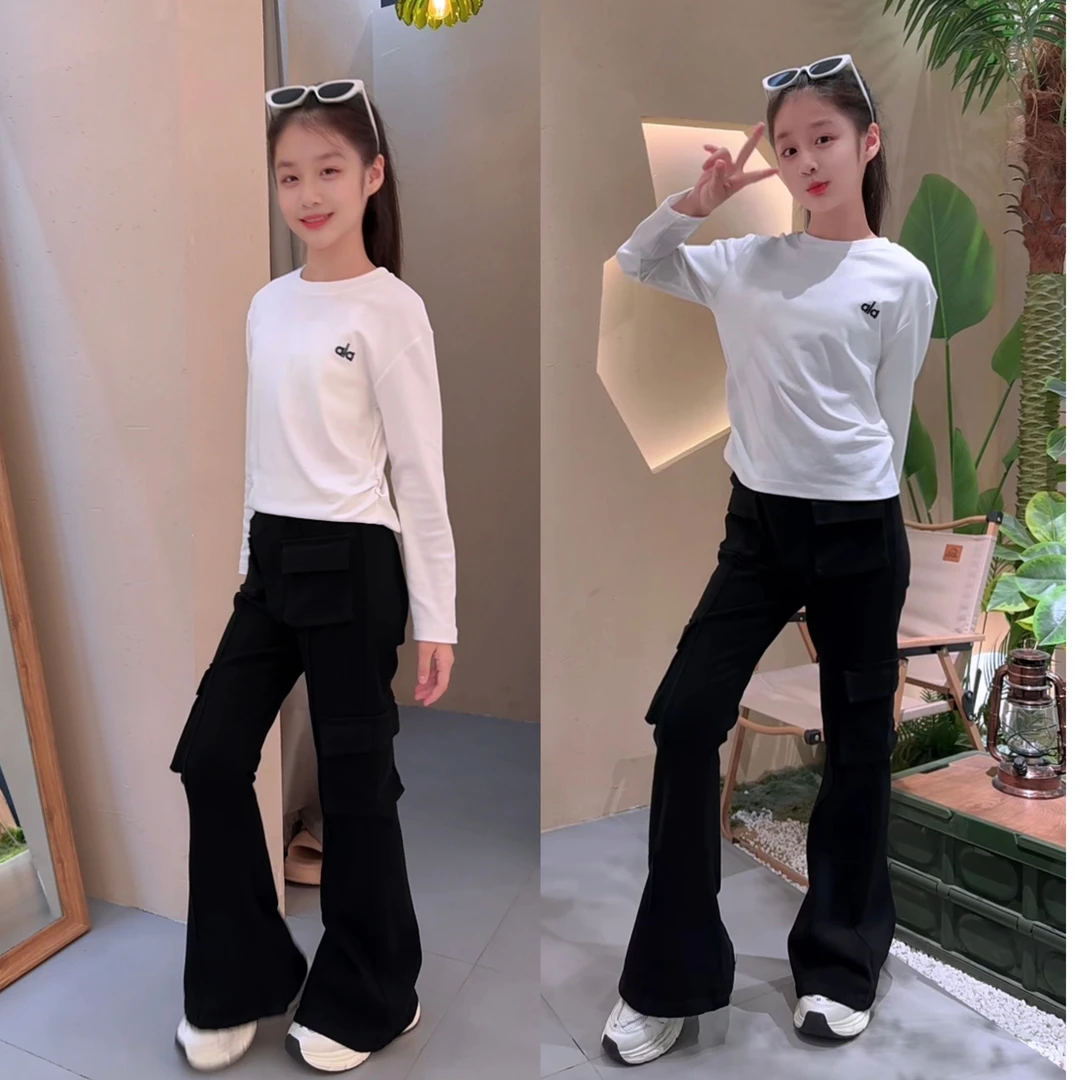 女童秋季新款显瘦微喇休闲黑色牛仔工装裤高腰女孩中大童春秋韩版
