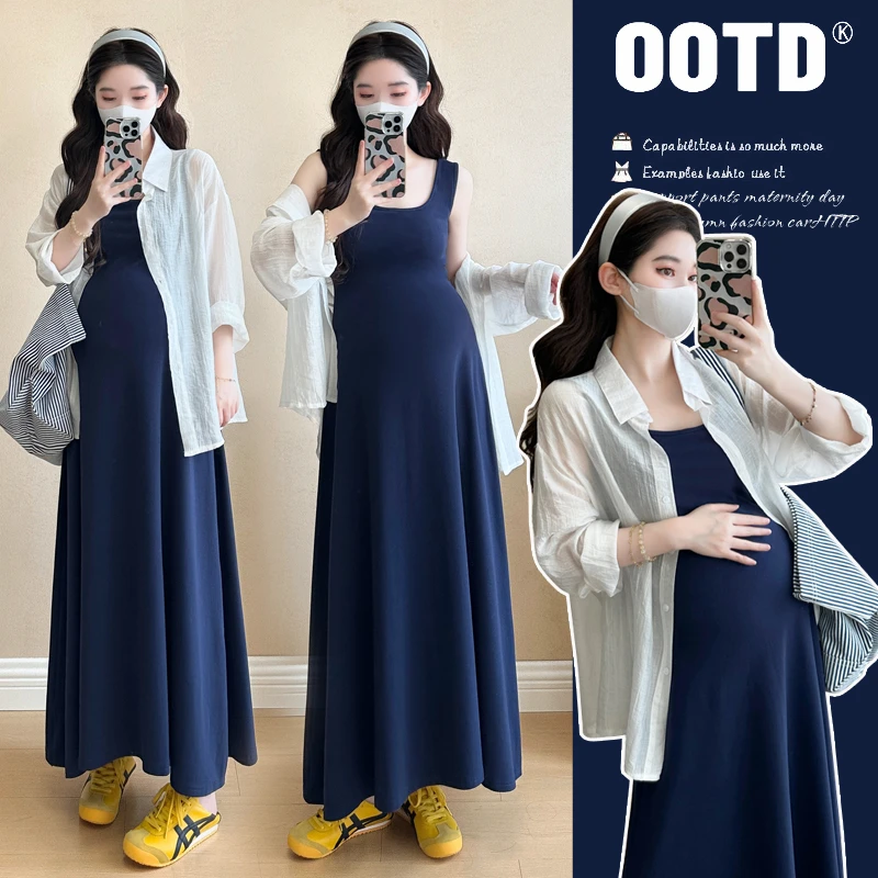 孕妇装夏款连衣裙2025新款防晒衬衫吊带裙套装孕妈高级穿搭两件套