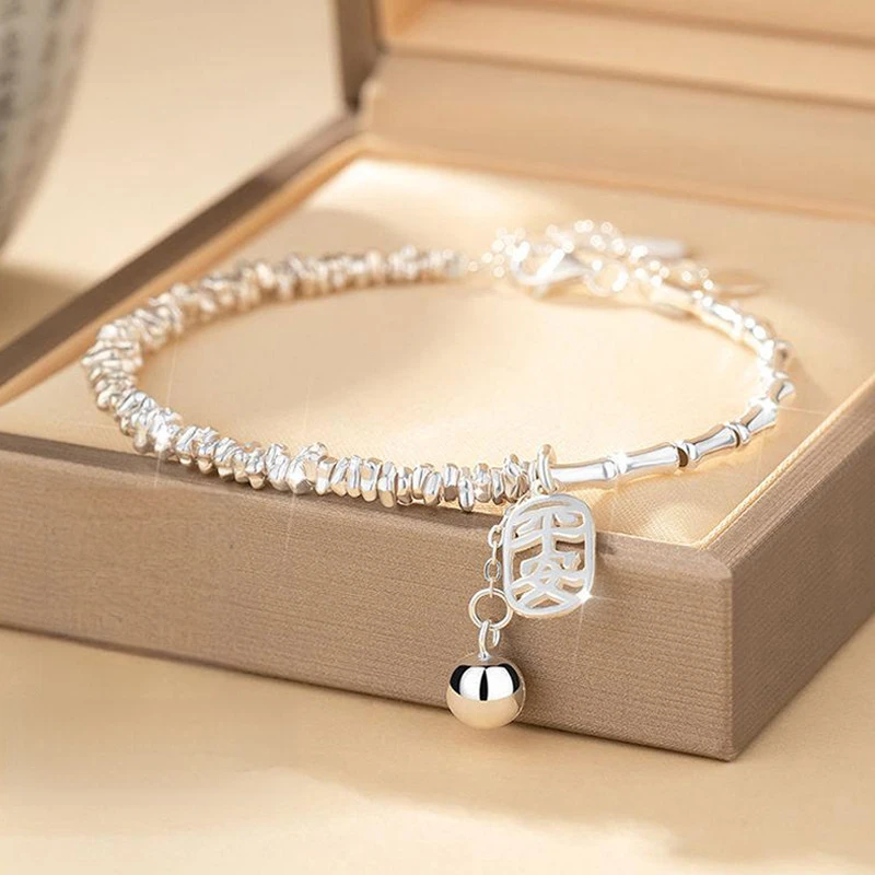 9999银新款碎银竹节手链女款铃铛轻奢小众高级感国风新中式简约