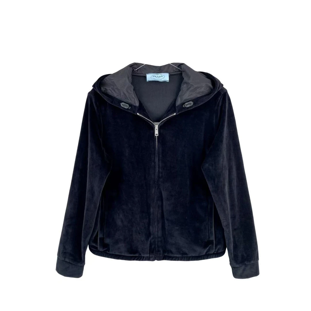 99新 Prada/普拉达 aa2715 棉/聚酯纤维 黑色丝绒拉链帽衫 xl码