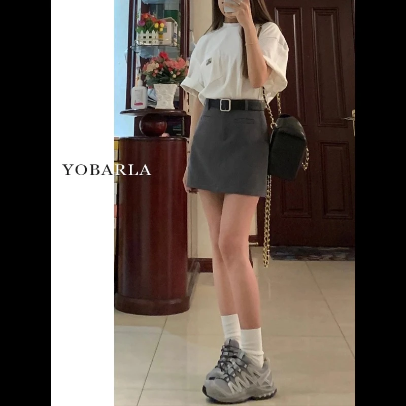 深灰色西装短裙女高腰夏季新款大码胖mm显瘦小个子a字包臀半身裙