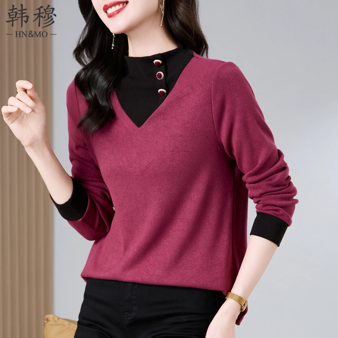 韩穆长袖假两件上衣女2025年秋冬新款休闲时尚洋气针织打底衫百搭