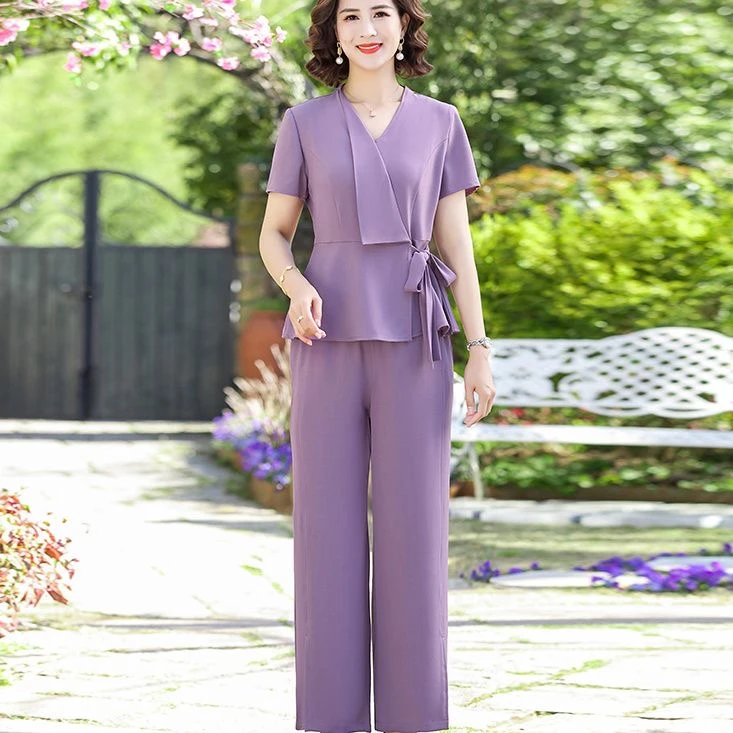 10062-妈妈夏装新款洋气短袖套装时尚休闲遮肚两件套【F仓】