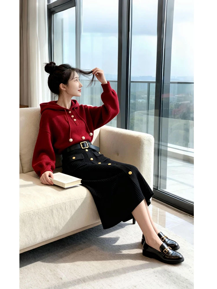 小众别致红色连帽抽绳纯色卫衣女款秋季黑色休闲百搭半身裙两件套