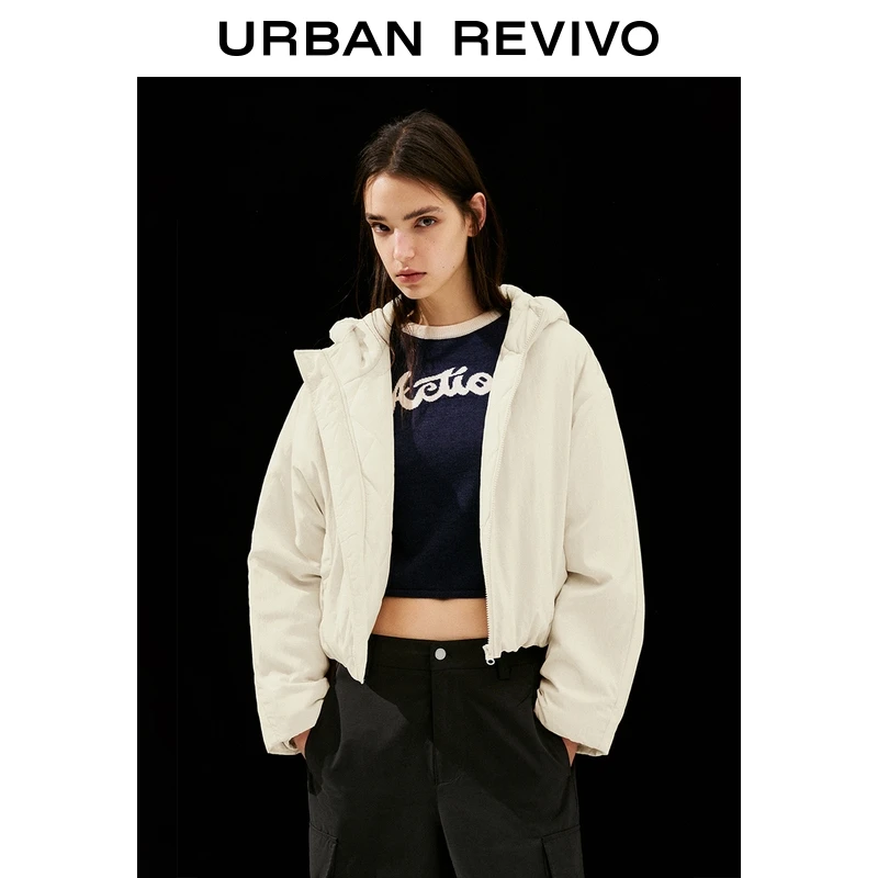 UR2025秋季新款女流光风休闲褶皱连帽拉链短款棉服UYL150041+