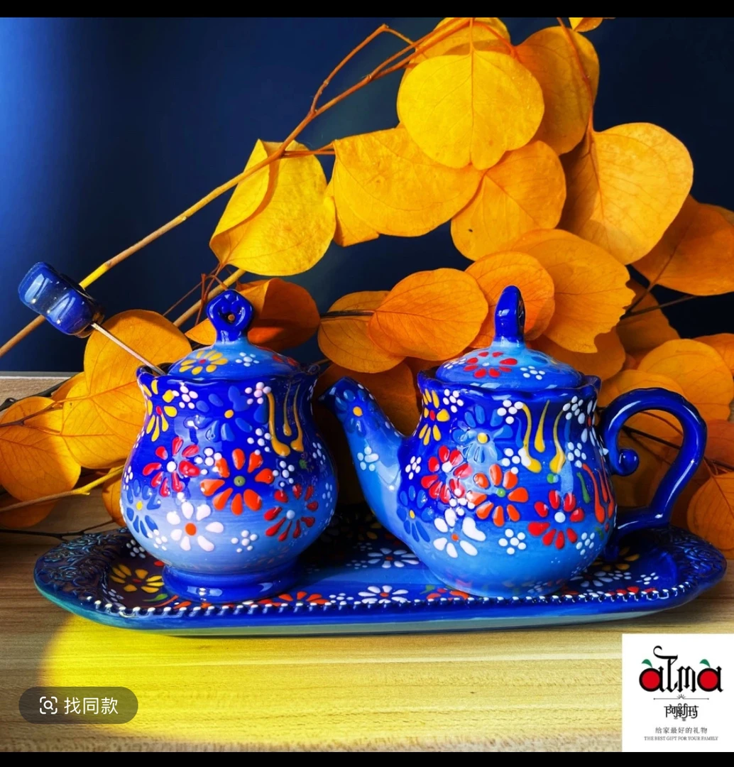 阿勒玛 新疆包邮【蓝贵夫人】手绘调料罐套3装醋罐辣子罐轻奢欧式