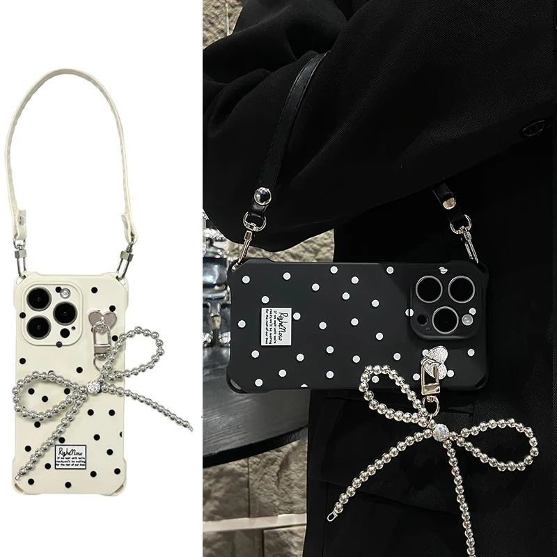 蝴蝶结波点适用于苹果16/15华为P70vivooppo四角长短挂绳手机壳14