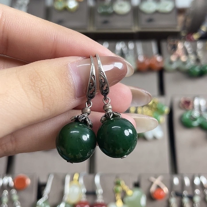 银S925镶嵌和田玉（碧玉）耳饰13左右