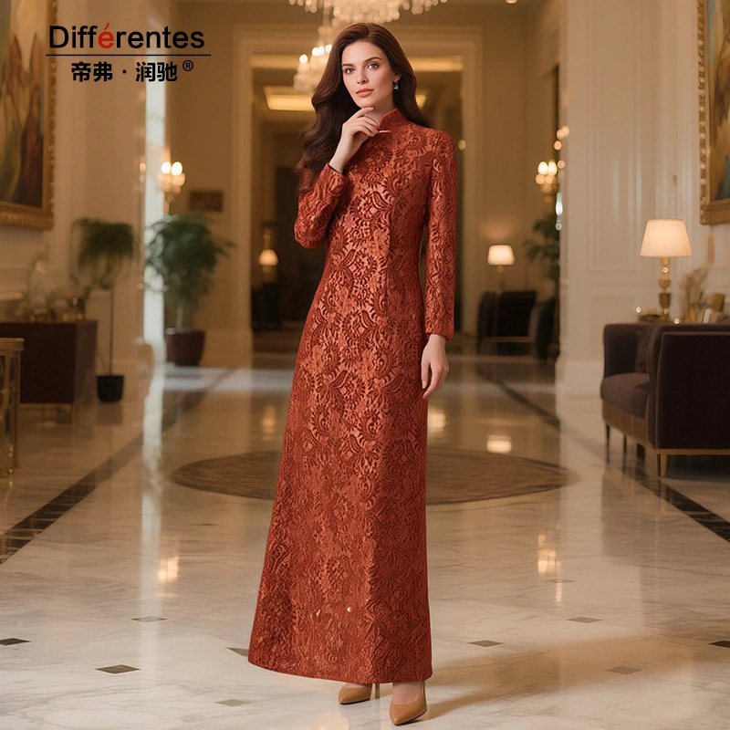 帝弗润驰秋冬新款红色提花新中式连衣裙女优雅国风加绒加厚长裙