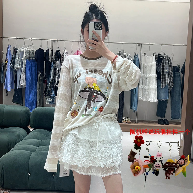 CHEERUPUNIFORM25夏季新品拔蘑菇小狗条纹白色百搭时尚长袖T恤
