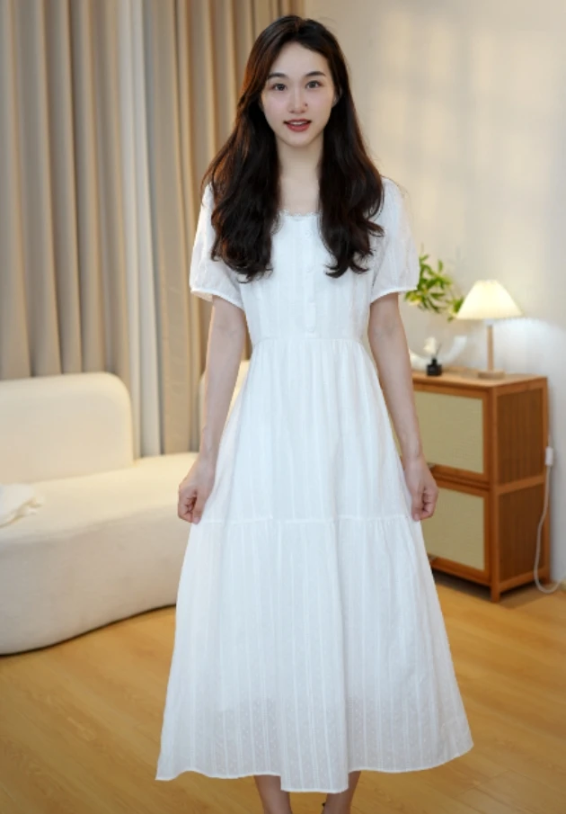 2025夏季新品温柔仙女白色气质连衣裙海边渡假长裙蕾丝边收腰裙子