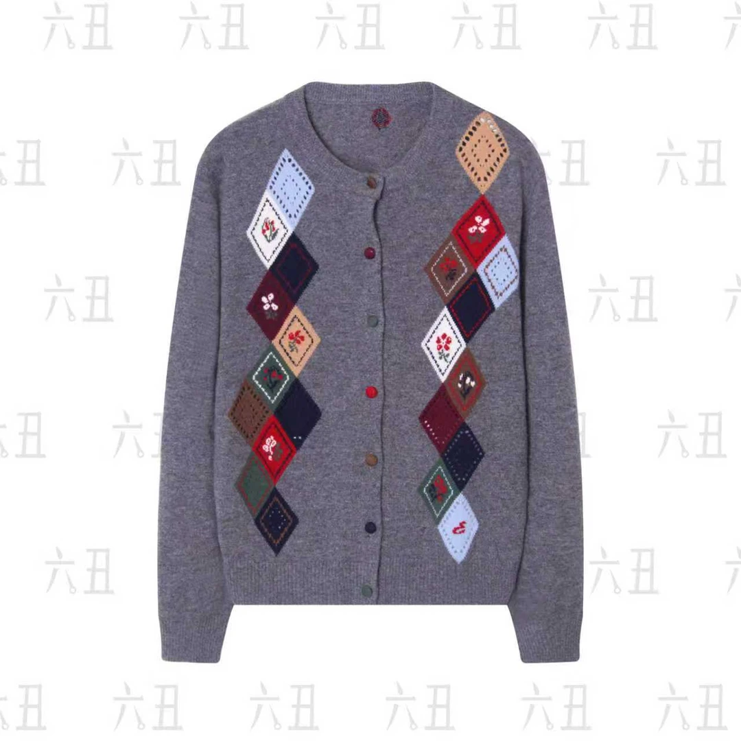 【六丑】新款通勤显瘦百搭时尚两色几何印花针织衫510ZZS0105