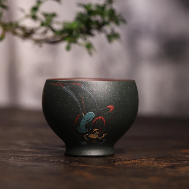 宜兴紫砂 | 九斋敦煌系列 粉浆墨绿飞天紫砂主人杯