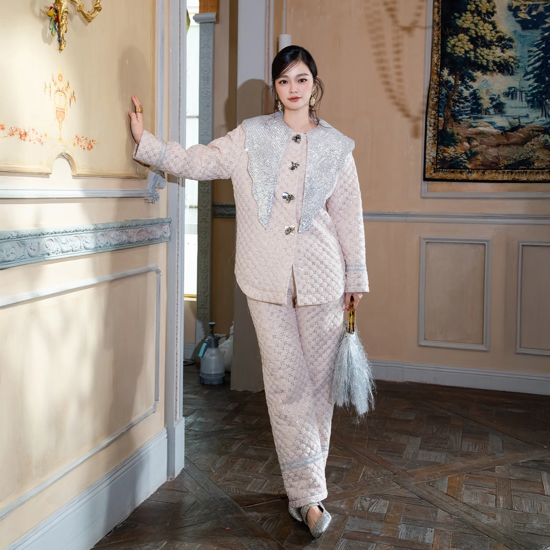 AUDREYWANG“银菱星梦”粉色亮片大翻领设计师女装睡衣套装13070