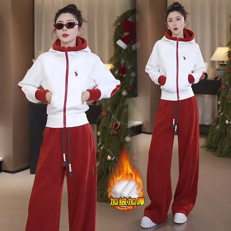 加绒加厚休闲套装减龄新款洋气连帽短外套阔腿裤运动两件套时尚