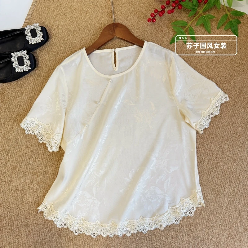 新中式短袖夏季新款缎面提花休闲百搭宽松显瘦蕾丝短袖T恤时尚