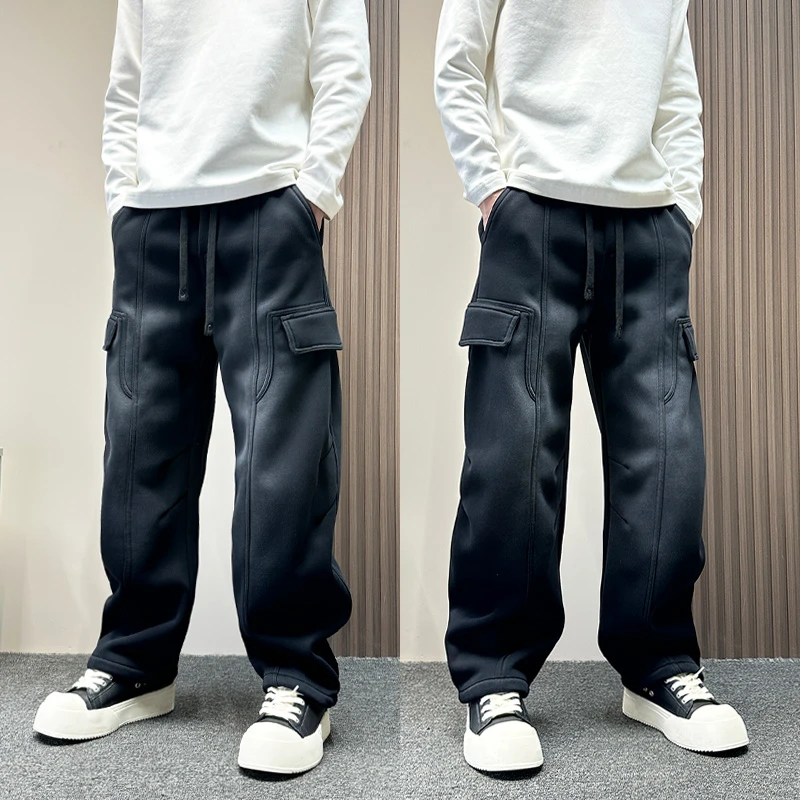 美式复古多口袋工装裤男款高级感宽松直筒裤痞帅秋冬加绒休闲裤子