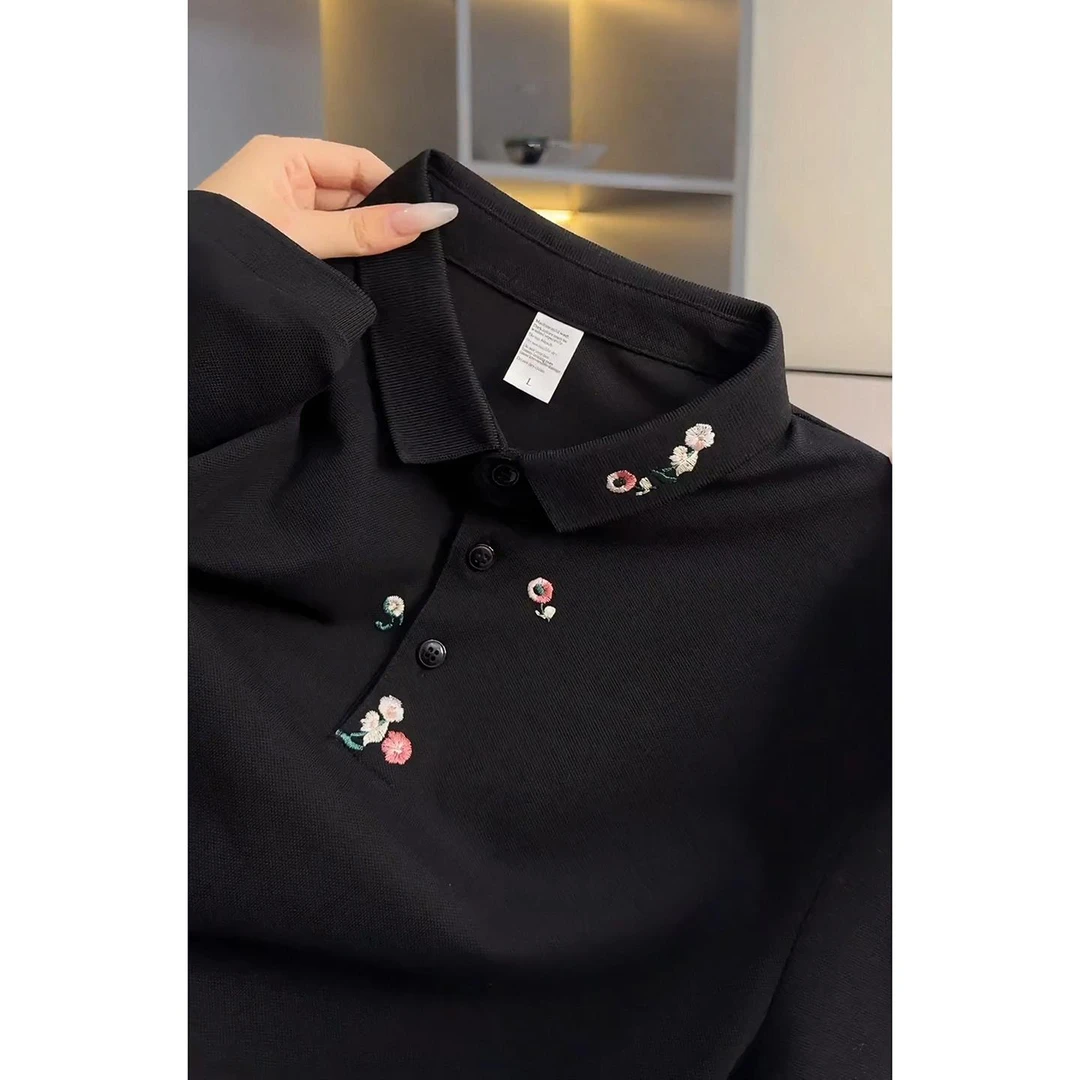 黑色花卉刺绣短袖Polo衫男夏复古轻奢高级感翻领t恤重磅正肩半袖