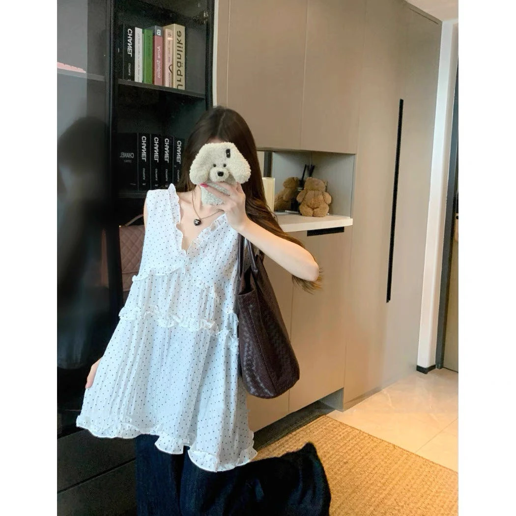 2025夏季韩系少女风V领木耳边设计感减龄波点无袖背心7181#0.12