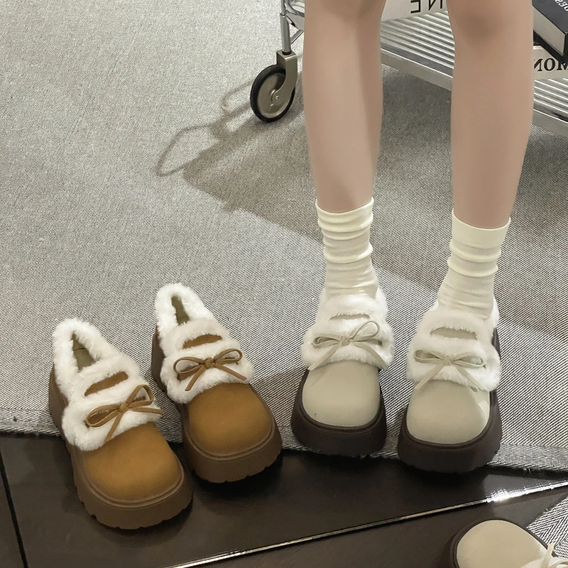 OJRZ复古厚底雪地靴女2025新款冬季加绒加厚低帮一脚蹬毛毛棉鞋女