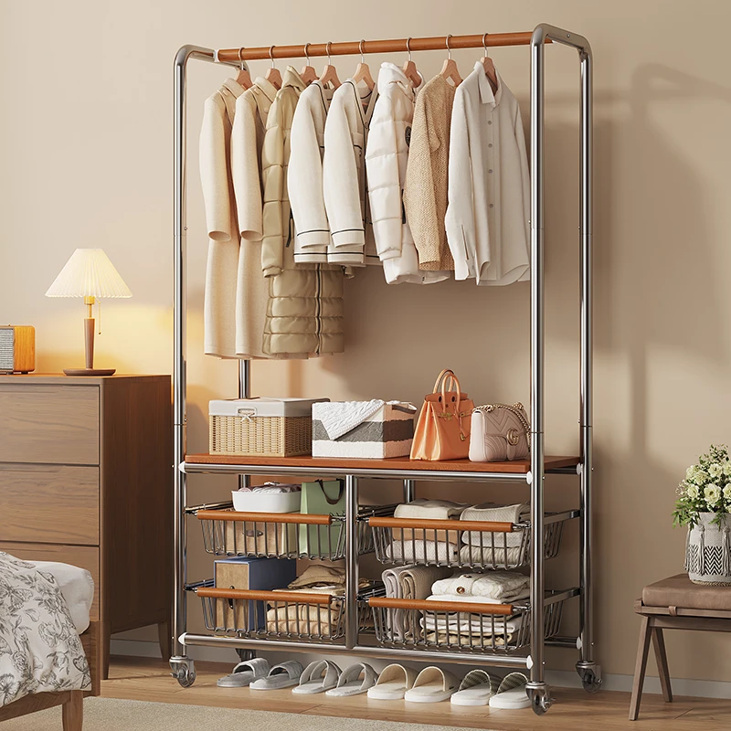 可移动家用衣帽架落地衣架卧室开放式衣柜金属不锈钢置物架收纳柜