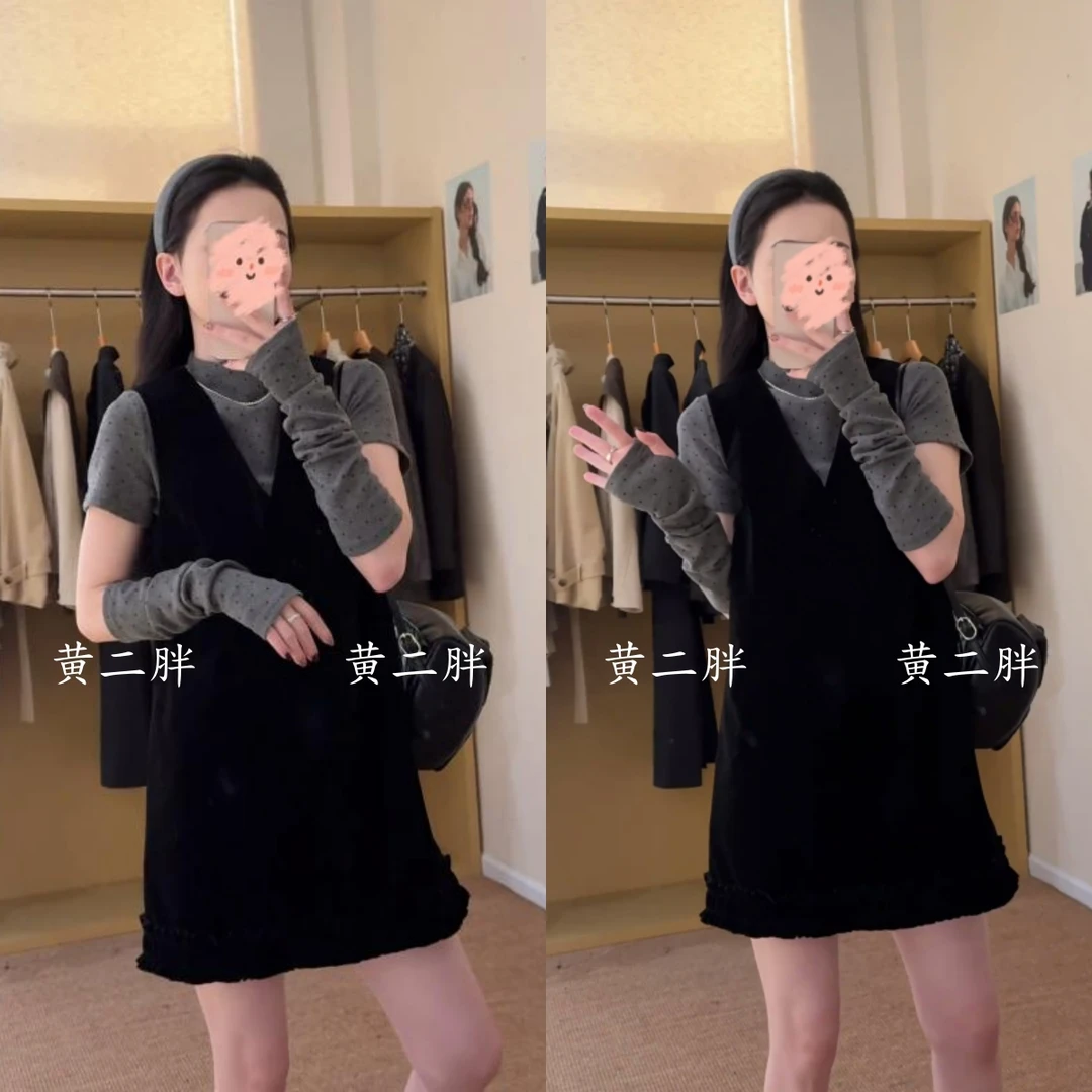 韩系时尚套装波点半高领短袖打底衫上衣女装秋季背心连衣裙两件套