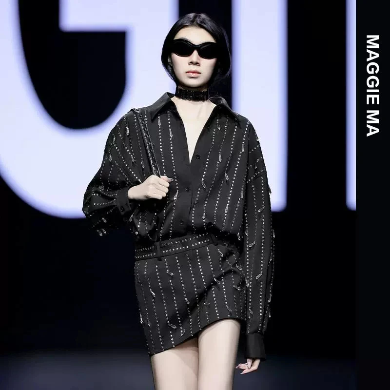 MAGGIEMA马婧黑裙女人一镜到底设计小众钻奢牌高贵连衣裙直播865D