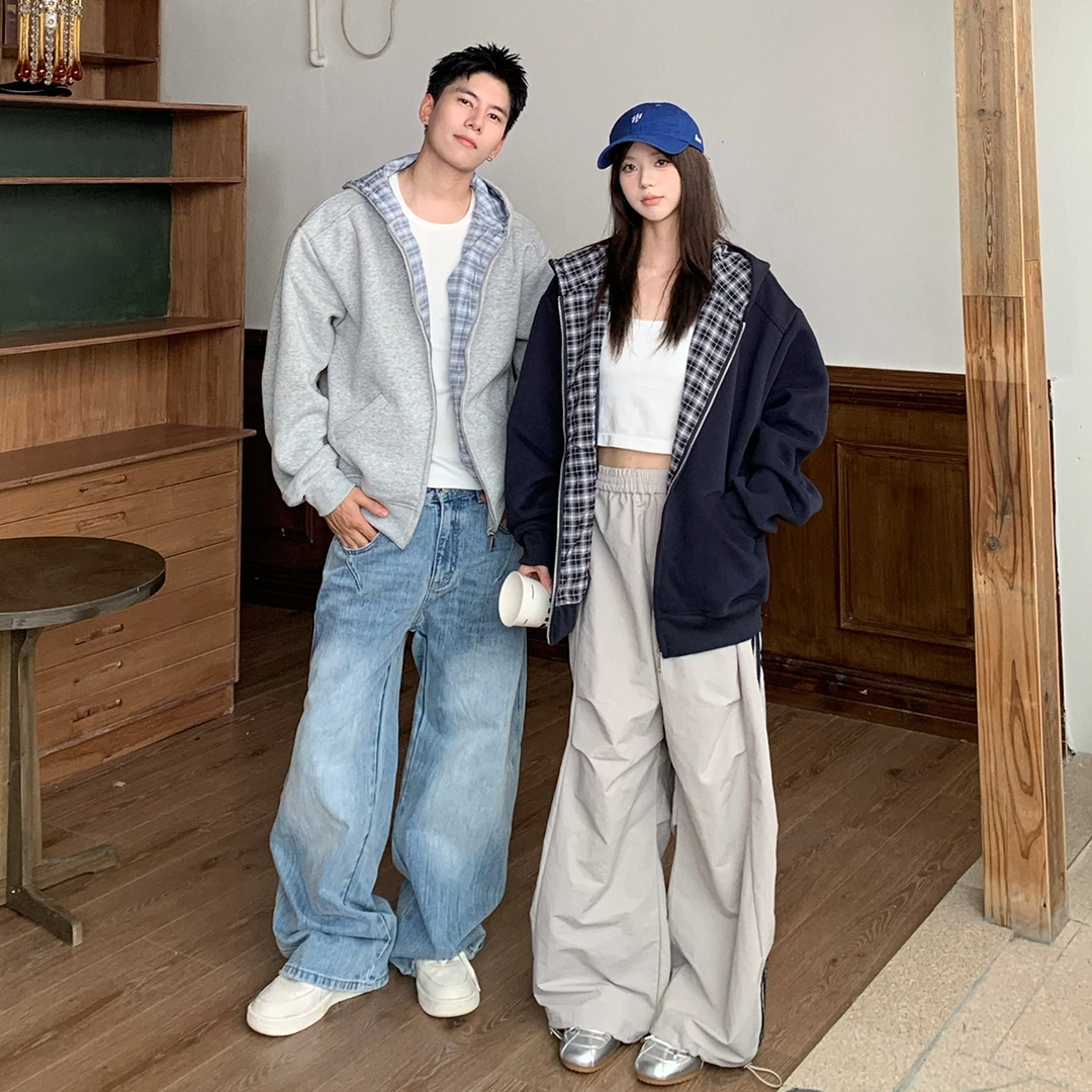 Holocene美式潮牌cleanfit短款廓形格纹连帽开衫卫衣男女WT93314