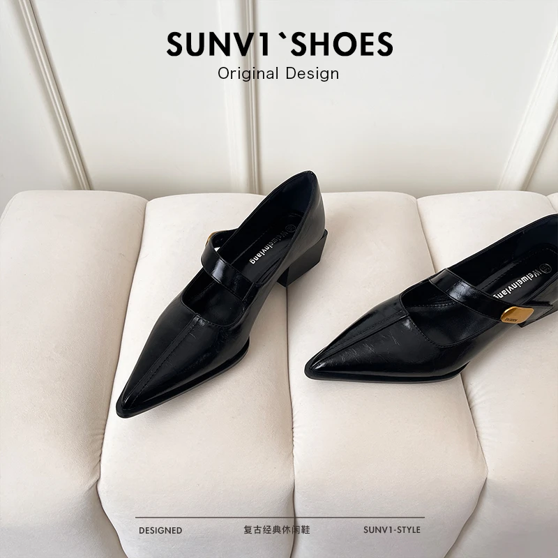 2025春季新款尖头气质高跟鞋女粗跟一字带皮鞋浅口玛丽珍法式单鞋