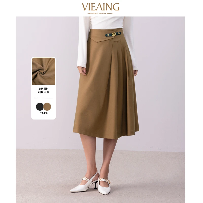 VIEA.ING薇迎2025春季新款皮扣装饰不规则百褶通勤半裙a字中长裙