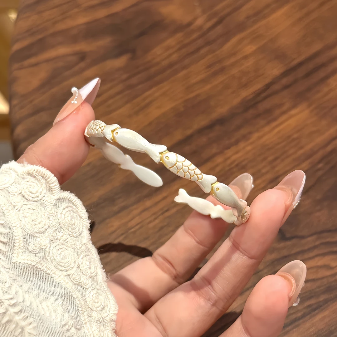 足银手镯 描金锦鲤纯银手镯足银999.9实心开口手工复古简约送女友