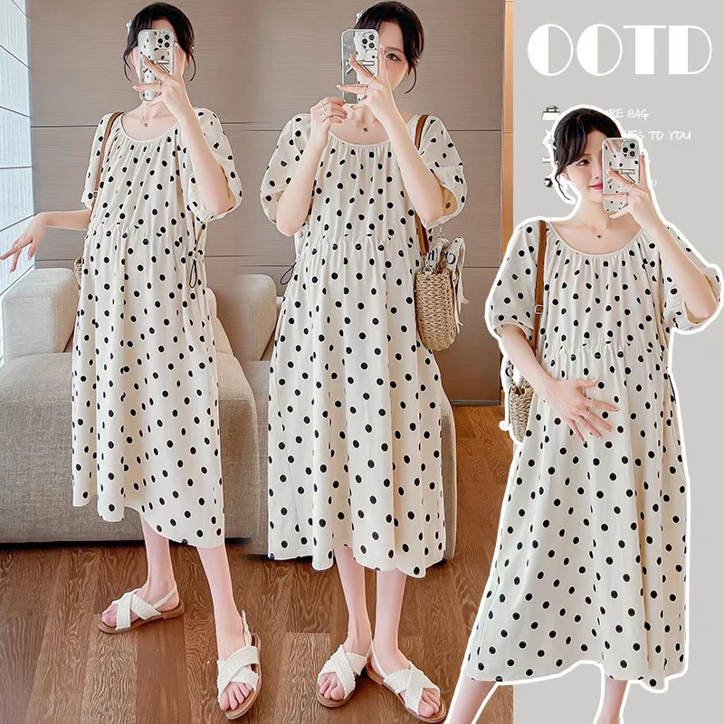 孕妇夏装2025新款夏季棉麻杏色黑波点连衣裙时尚洋气宽松