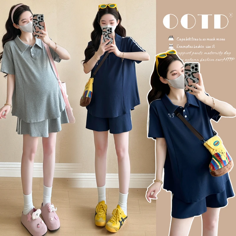 时髦孕妇装2025新款孕妇休闲时尚套装polo衫港绣短袖加短裤两件套