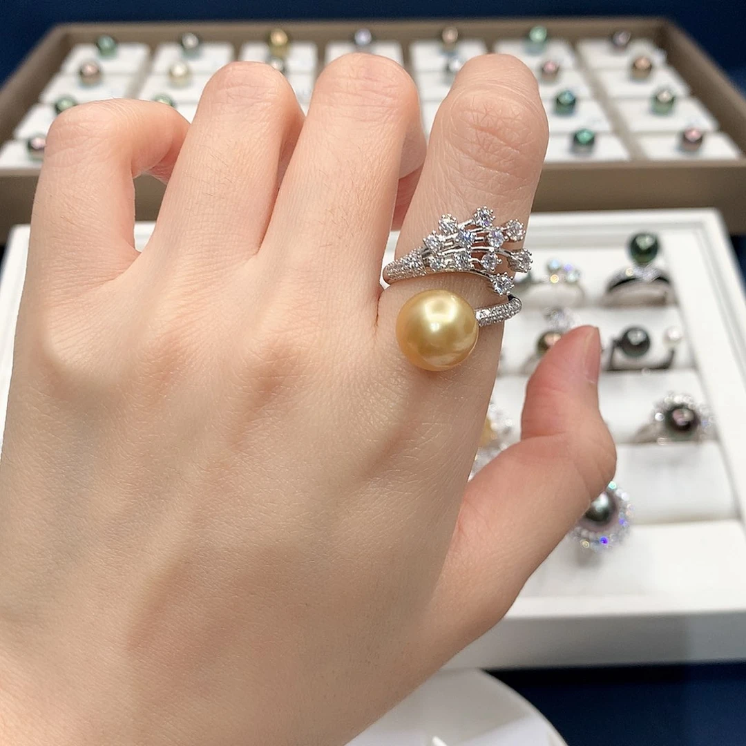银S925镶嵌戒圈海水珍珠天然海水南洋金珠戒指