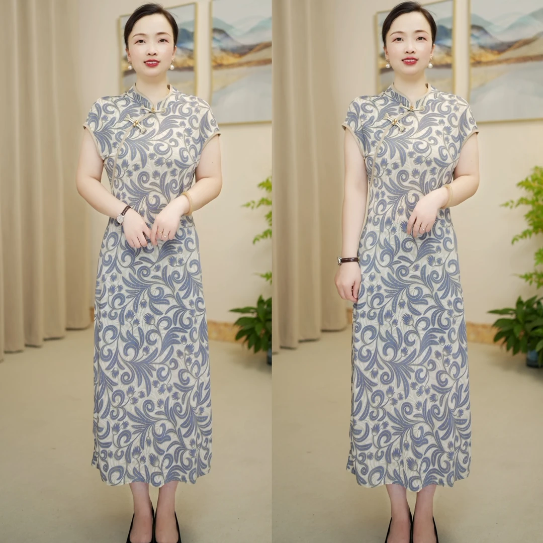 妈妈装新中式国风改良旗袍裙中长款飞飞袖夏季显瘦连衣裙复古裙子