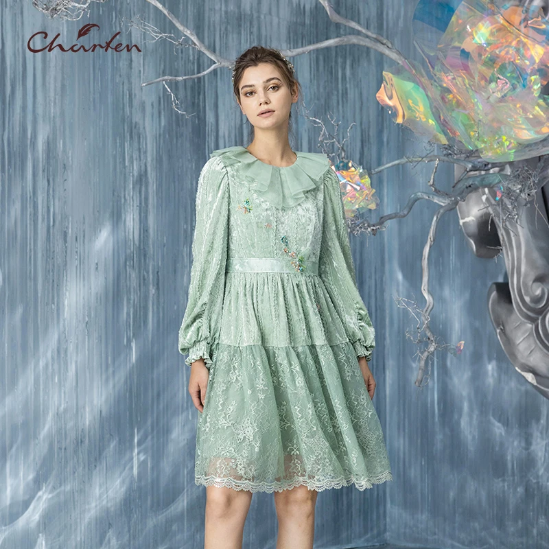 【媛媛专享】朝峰法式金丝绒甜美公主风连衣裙CFC5D110-113G