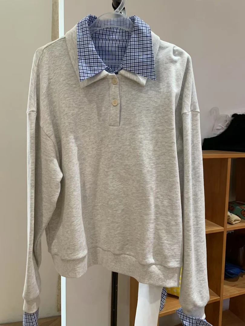 【样衣】蓝格撞色卫衣h08235