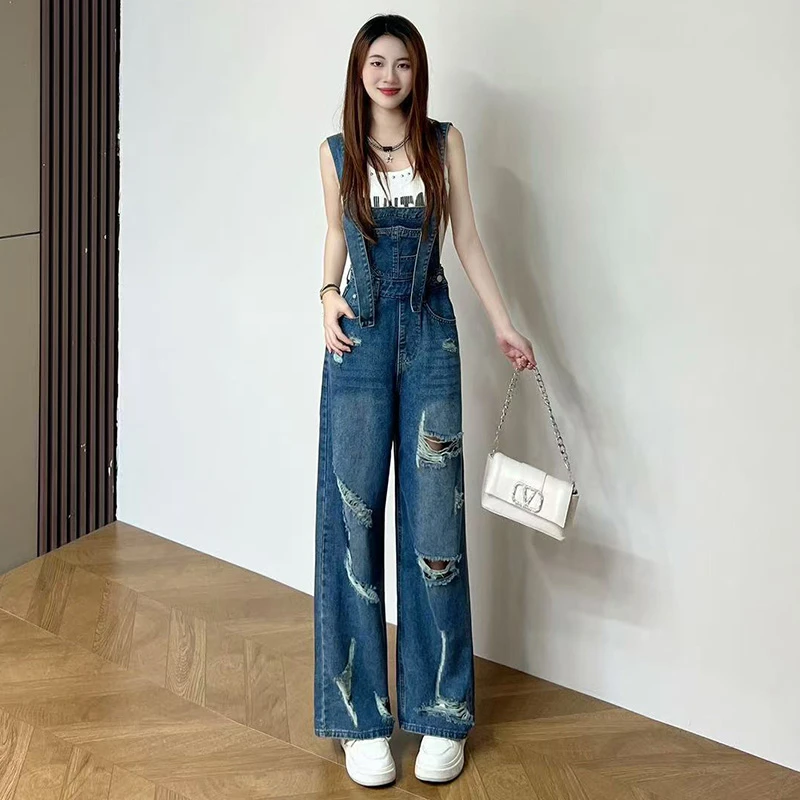 喜绚背带破洞直筒牛仔裤女2025年新款夏季薄款垂感个性时尚阔腿裤