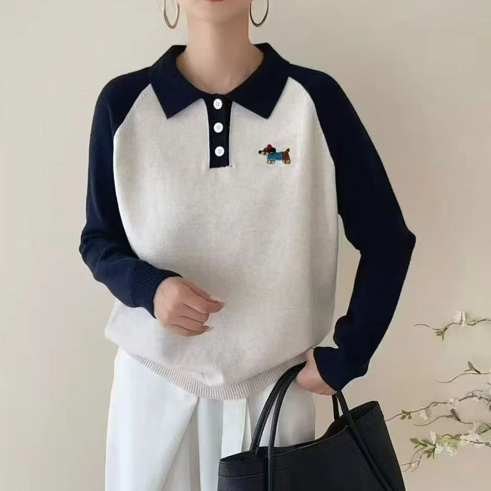 拼色宽松毛衫翻领女装毛针织衫宽松型女常规袖熊若渔