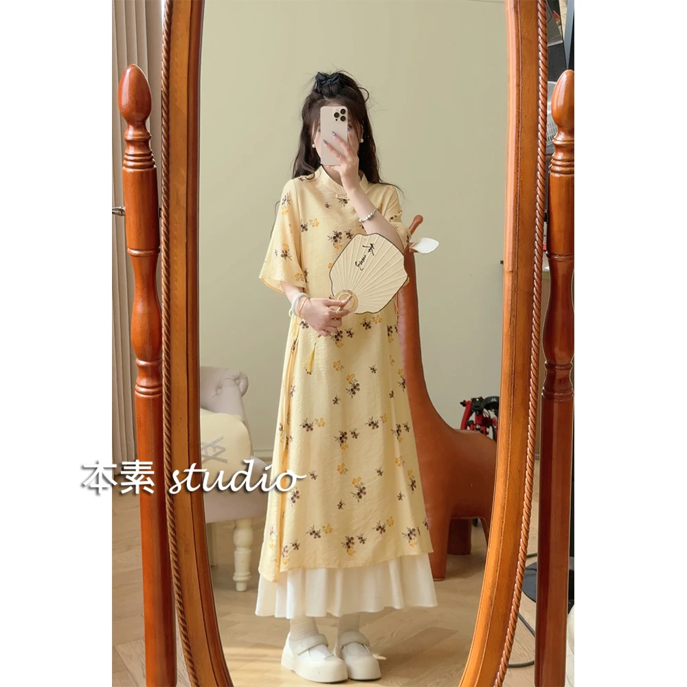 小满Y2817印花腰侧系带盘扣斜门襟立领短袖连衣裙