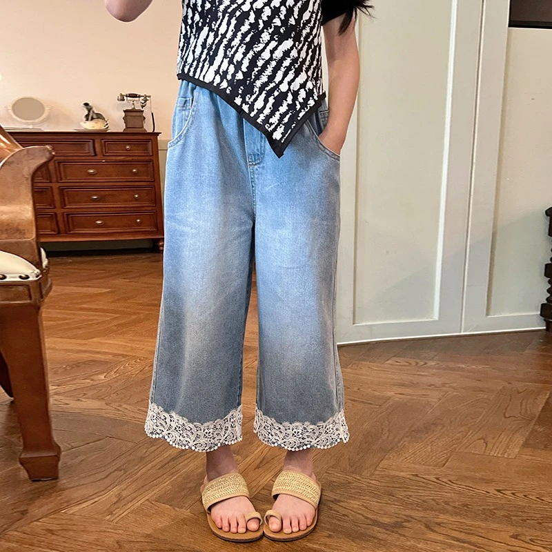 【清仓】栀了成长记童装女童蕾丝黑色九分牛仔裤上衣童儿童裤子宽松