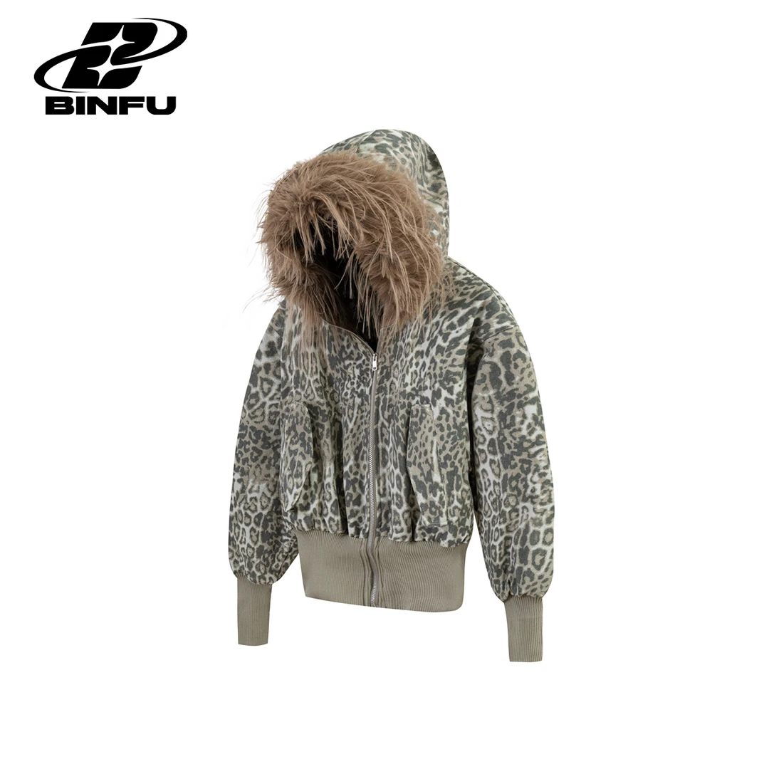 BINFU冬季新款豹纹大毛领棉服外套
