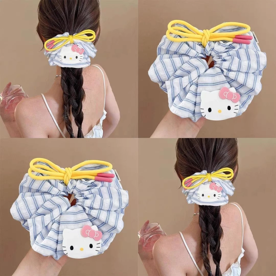 韩系蓝色条纹kt猫蝴蝶结大肠发圈丸子头低马尾扎发头绳皮筋发饰