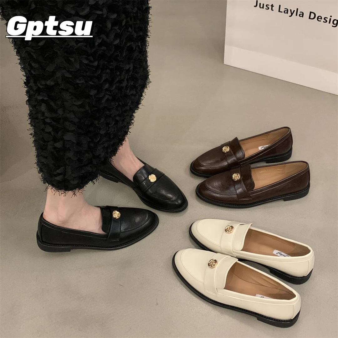 GPTSu夏季新款英伦小皮鞋圆头低跟懒人一脚蹬软底黑色乐福单鞋女